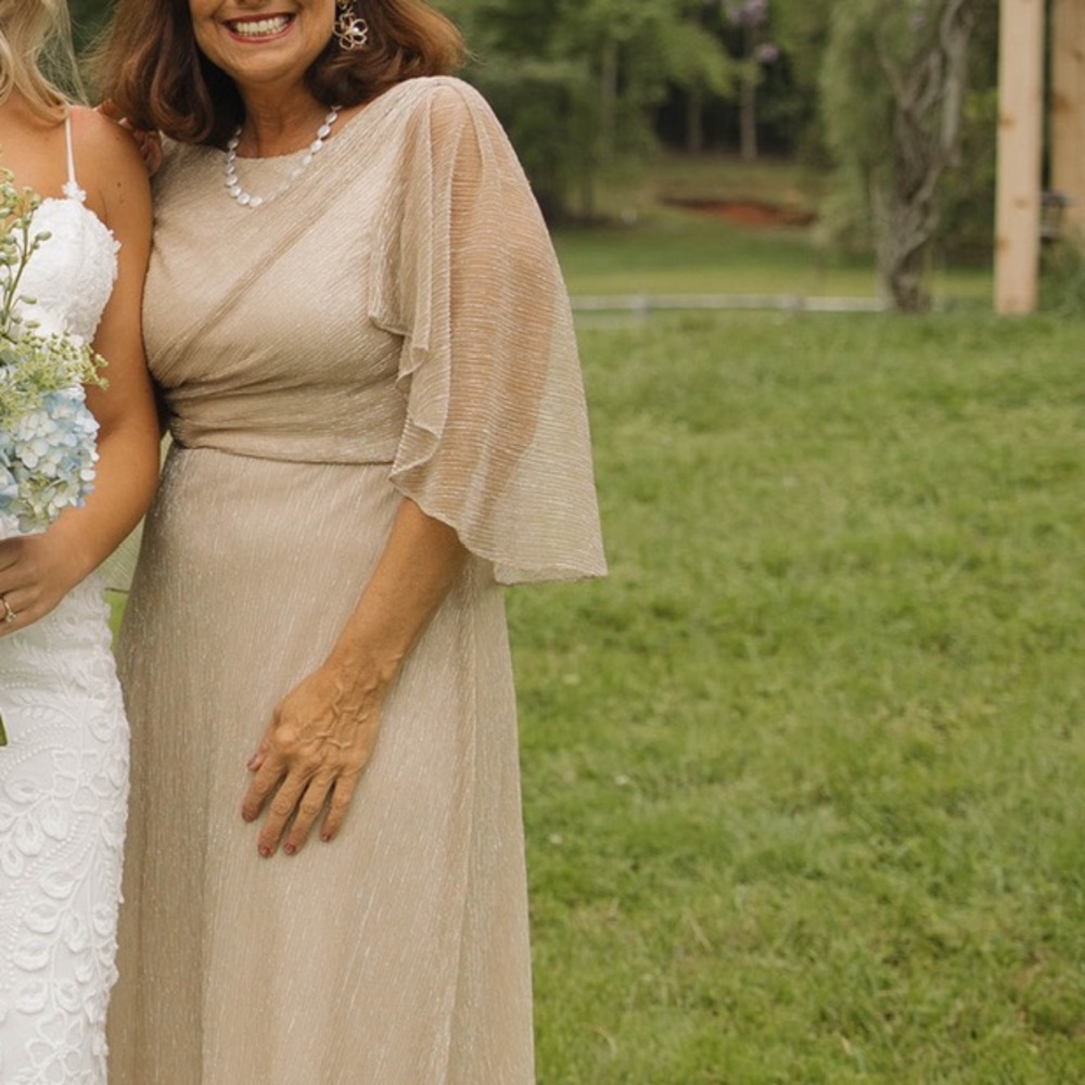 Oleg Cassini Gold Ruched Maxi Gown with Flutter Sleeves
